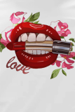 Grey Fashion Street Lips Printed Patchwork O Neck T-Shirts