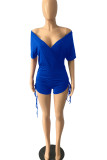 Colorful Blue Sexy Solid Patchwork V Neck Regular Rompers