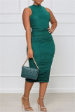 Green Sexy Casual Solid Slit Fold O Neck Sleeveless Dress