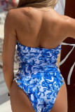 Blue Sexy Print Bandage Hollowed Out Patchwork Swimwears