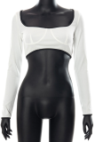 White Casual Solid Patchwork Square Collar Tops