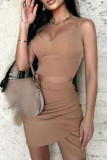 Khaki Sexy Solid Patchwork Asymmetrical V Neck Sleeveless Two Pieces