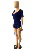 Colorful Blue Sexy Solid Patchwork V Neck Regular Rompers