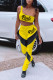 Yellow Sexy Print Patchwork Oblique Collar Sleeveless Two Pieces