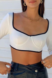 White Casual Solid Patchwork Square Collar Tops