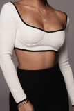 White Casual Solid Patchwork Square Collar Tops