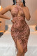 Coffee Sexy Print Patchwork Backless Slit Fold Halter One Step Skirt Dresses