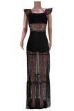 Black Fashion Sexy Patchwork Hollowed Out See-through Backless Square Collar Sleeveless Dress Dresses