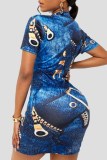 Light Blue Fashion Casual Print Basic Zipper Collar Short Sleeve Dress