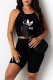 Black Fashion Sportswear Print Letter Spaghetti Strap Sleeveless Two Pieces
