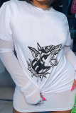 White Street Print Mesh O Neck Long Sleeve Two Pieces