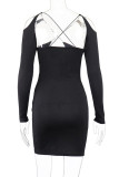 Black Sexy Solid Hollowed Out Patchwork Asymmetrical Collar Pencil Skirt Dresses