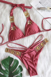 Rose Red Sexy Solid Split Joint Hot Drill Swimwears