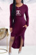 Burgundy Fashion Casual Print Letter O Neck Straight Dresses