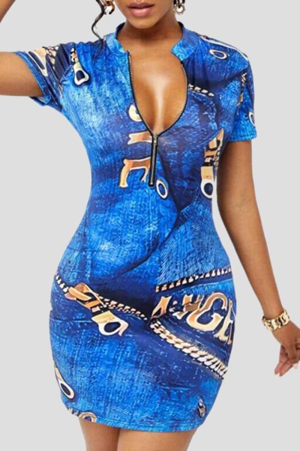 Light Blue Fashion Casual Print Basic Zipper Collar Short Sleeve Dress