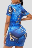 Light Blue Fashion Casual Print Basic Zipper Collar Short Sleeve Dress