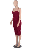 Brown Fashion Sexy Solid Backless Fold Spaghetti Strap Sleeveless Dress