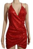 Champagne Sexy Solid Sequins Split Joint Asymmetrical Spaghetti Strap Sling Dress Dresses