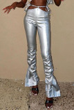 Silver Fashion Sexy Solid Bandage Hollowed Out Skinny High Waist Trousers