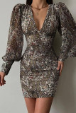 Black Sexy Print Patchwork V Neck One Step Skirt Dresses