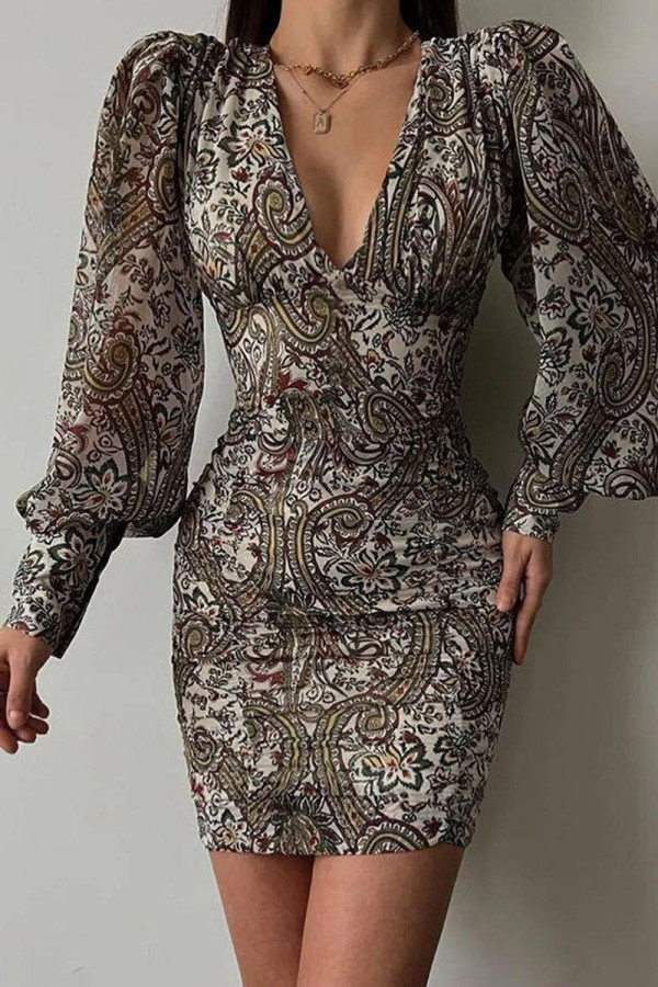 Black Sexy Print Patchwork V Neck One Step Skirt Dresses