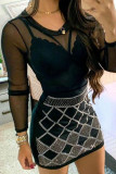 Black Sexy Solid Patchwork See-through Hot Drill O Neck Long Sleeve Two Pieces
