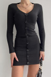 Apricot Sexy Solid Patchwork Buckle V Neck Long Sleeve Two Pieces
