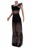 Black Fashion Sexy Patchwork Hollowed Out See-through Backless Square Collar Sleeveless Dress Dresses
