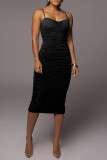 Brown Fashion Sexy Solid Backless Fold Spaghetti Strap Sleeveless Dress