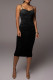 Black Fashion Sexy Solid Backless Fold Spaghetti Strap Sleeveless Dress