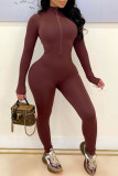 Burgundy Sexy Solid Zipper Patchwork O Neck Skinny Jumpsuits
