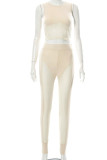 Apricot Sexy Solid Patchwork See-through O Neck Sleeveless Two Pieces