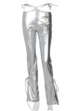 Silver Fashion Sexy Solid Bandage Hollowed Out Skinny High Waist Trousers