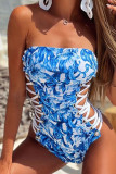 Blue Sexy Print Bandage Hollowed Out Patchwork Swimwears