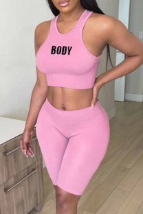 Pink Sexy Casual Letter Print Basic O Neck Sleeveless Two Pieces