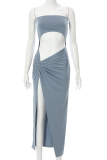 Blue Sexy Solid High Opening Strapless Irregular Dress Dresses