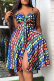 Colour Sexy Print Patchwork Spaghetti Strap Cake Skirt Dresses