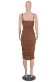Brown Fashion Sexy Solid Backless Fold Spaghetti Strap Sleeveless Dress