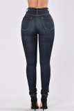 Dark Blue Fashion Casual Solid Basic High Waist Skinny Denim Jeans