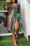 Colour Sexy Print Patchwork Spaghetti Strap Cake Skirt Dresses