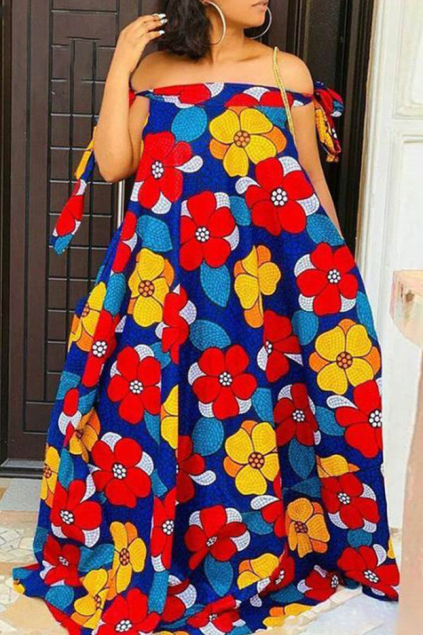 Blue Sexy Bohemian Floral Strap Design Off the Shoulder Maxi Dresses