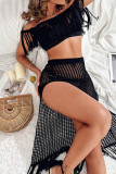 Black Sexy Solid Tassel Hollowed Out Patchwork Off the Shoulder Half Sleeve Two Pieces