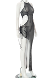 White Sexy Solid Mesh Halter Irregular Dress Dresses