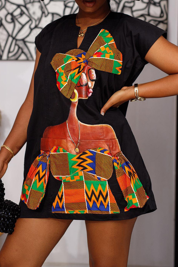 Black Fashion Casual Street Figure Character Printing Asymmetrical Collar T-shirt Dress Dresses