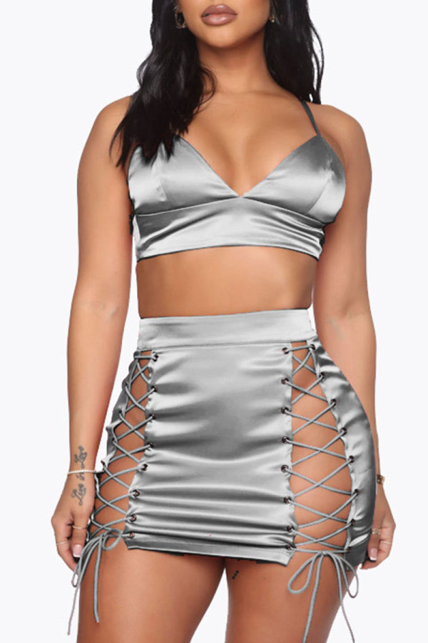 Silver Sexy Solid Bandage Hollowed Out Patchwork Spaghetti Strap Sleeveless Two Pieces