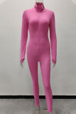 Pink Casual Solid Zipper Embroidered Half A Turtleneck Regular Jumpsuits