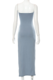 Blue Sexy Solid High Opening Strapless Irregular Dress Dresses