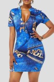Light Blue Fashion Casual Print Basic Zipper Collar Short Sleeve Dress