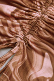 Rose Red Sexy Print Patchwork Backless Slit Fold Halter One Step Skirt Dresses