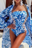 Blue Sexy Print Bandage Hollowed Out Patchwork Swimwears